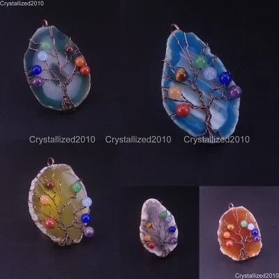 Piedras preciosas de ágata en rodajas naturales hechas a mano envoltura de alambre árbol de la vida colgante de Reiki cobre Foto 1 de 4