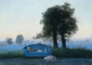 The Blue Sofa by Michael Sowa Art Print Pig Farm Animals Poster 28x20 - Picture 1 of 1