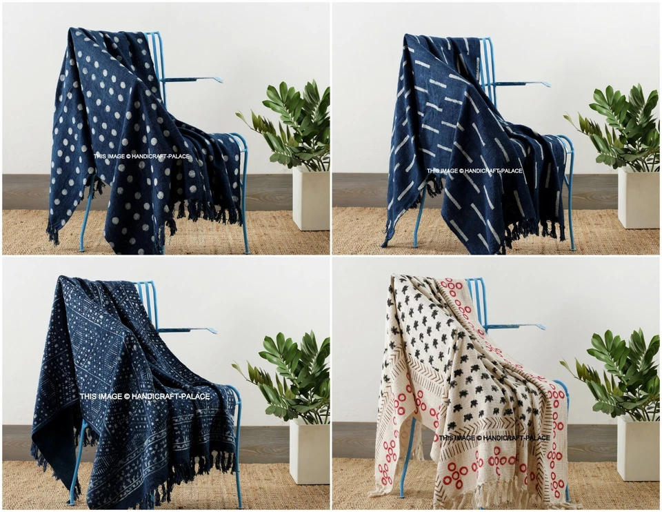 Indian Hand Block Print Cotton Throw Large Hand Loomed Blanket Indigo Mud Cloth - Image 1 of 1