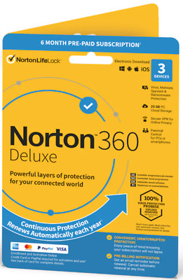 NORTON 360 Deluxe 2023 2024 3 Dispositivos 6 Meses 25 GB Cloud ABO CORREO ELECTRÓNICO INMEDIATO • 3.55€