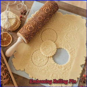 3D Embossing Rolling Pin Wooden Dough Roller Cookies Flower Pattern Baking Tool - Picture 1 of 7