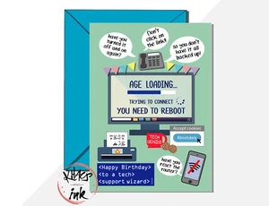 Tarjeta de cumpleaños nerd de TI para computadora. Soporte técnico teléfono geek, desarrollo de programación web - Imagen 1 de 4
