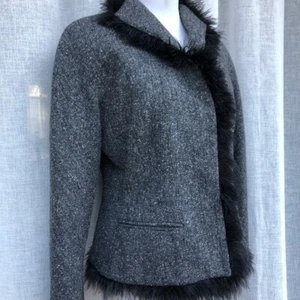 1980s Sophie Sitbon Paris gray wool blend jacket, blazer ostrich feather trim - Picture 1 of 9
