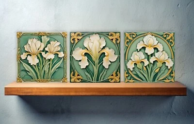 Art Nouveau Flower Ceramic tiles - Set of 3 Art Nouveau Wall Decor Tiles - Image 1 of 4