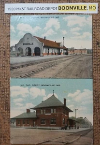 VERÖFFENTLICHT: 1920 MK&T RAILROAD DEPOT BOONVILLE, Missouri Postkarte LITHO Dampfzug - Bild 1 von 2