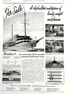 1938 Anzeige für Caroline II 279 Fuß Diesel Yacht entworfen von Gielow gebaut in Bath ME - Bild 1 von 1