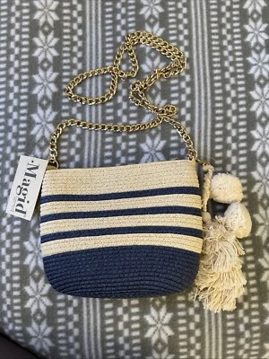 Bolso de mano Magid para mujer tejido de yute a rayas azul tostado. Nuevo con etiquetas Foto 1 de 4