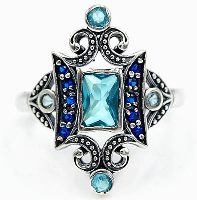 Anillo filigrana de plata de ley 925 aguamarina natural y zafiro de 1 quilate talla 7 F6-4 Foto 1 de 3