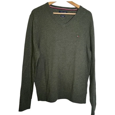 NUEVO Suéter Tommy Hilfiger Para Hombre Mezcla Cachemira/Algodón Cuello en V XL Verde Pullover Foto 1 de 4