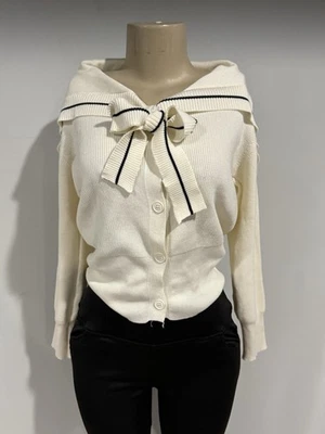 Sweaters size medium Women Striped beige Casual Warm Cardigan Sailor Collar - Image 1 of 3