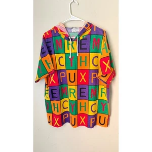 Vintage 80s 90s Colorful Block Letter Print Short Sleeve Hooded Top - Picture 1 of 4