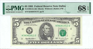 $5 1995 Small Size Federal Reserve Note - Dallas PMG 68EPQ Superb GemUnc FR1985K - Picture 1 of 2