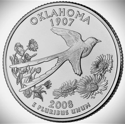 2008 D - Oklahoma State Quarter- Brilliant UNCIR from US Mint Roll (Low Mintage) - Image 1 of 2