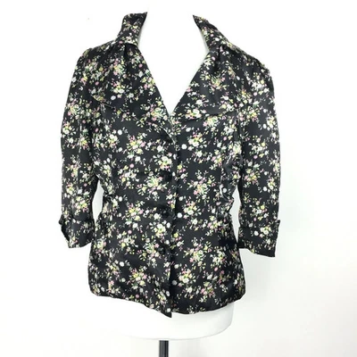 Darling S 8-10 Blazer Black Floral Chintz Silky Back Bow 3/4 Sleeve Cottagecore - Image 1 of 4