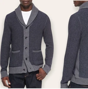 Rag & Bone Size Medium Asher Ribbed Comfy Grandpa Shawl Cardigan Navy Pockets - Picture 1 of 7
