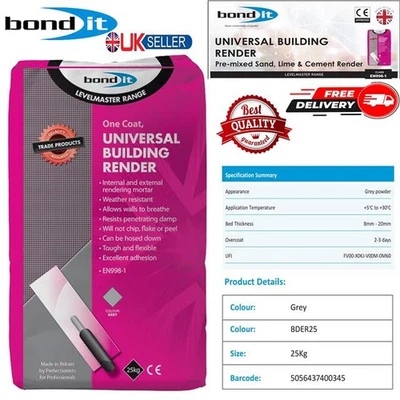 Bond It 25kg Universal Building Render One Coat Pre-Mixed Sand Lime Cement Grey - Image 1 of 4