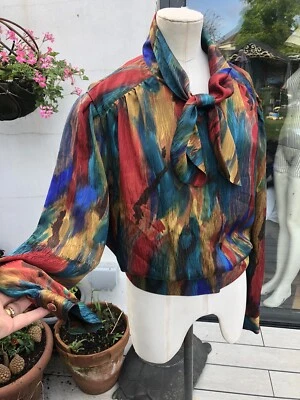 SIZE 16 80S BLOUSON BLOUSE SHIRT LEG OF MUTTON SLEEVES MULTICOLOURED SILKY - Image 1 of 4