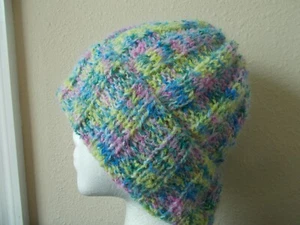 Hand knitted warm & fuzzy mohair blend beanie/hat, multi pastel tones - Picture 1 of 6