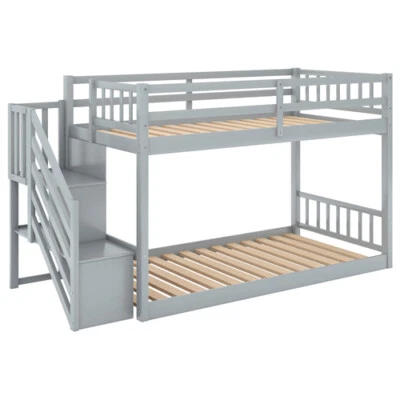 Child Twin Over Twin Bunk Bed with Staircase Storage Shelf Safe Guardrails Gifts - Image 1 of 4