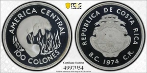 Costa Rica 1974 100 Colones Pcgs Pf69 Dcam Manatí - Imagen 1 de 3