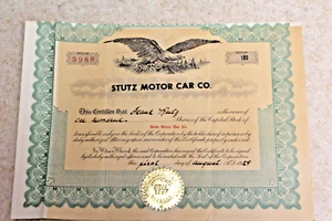 Stutz Motor Car Co. Stock Certificate August 1, 1929 - Picture 1 of 2