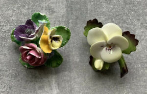 Crown Staffordshire Set Of 2 Floral Brooches England Porcelain Mid Century VTG