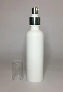 250ml HDPE White Plastic Boston Bottles With Shiny Silver Serum Pump ANY AMOUNT - Picture 1 of 2
