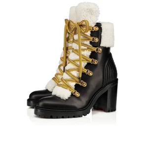 Christian Louboutin Yetita 70 Black Calf Leather Shearling Heel Combat Boot 35 - Picture 1 of 12