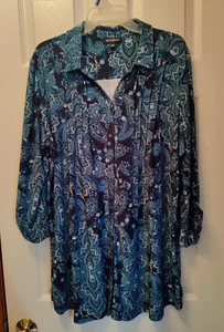 Roz & Ali Women's Size XL 3/4 Sleeve Blue Paisley Print Blouse - Picture 1 of 8