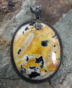 Colgante grande vintage de ágata amarilla de plata de ley 925 floral Art Deco cabujón - Imagen 1 de 9