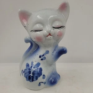 Figura De Colección Cerámica Gatito Gatito Blanco Azul 5" Alto - Imagen 1 de 7