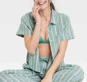 Women’s Auden Short Sleeve Button Down Pajama TOP ONLY Green M Retail $20 - Picture 1 of 8
