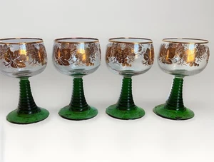 Lotto 4 Bicchieri Cordiali MCM Bockling Roemer Gold Vite con Stelo Alveare Verde - Foto 1 di 11