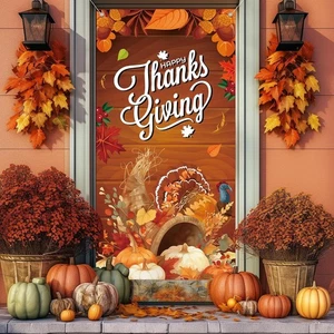 Thanksgiving Door Cover,Fall Maple Leaves Turkey Pumpkin Multi-colored - Picture 1 of 6