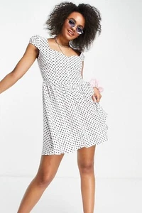Asos Design 90s mini tea Dress Navy Polka dots Size 14 - Picture 1 of 11