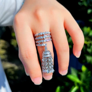 White Adjustable Charming Silver Plated Long Tassel Charms CZ Wedding Band Ring - Picture 1 of 11