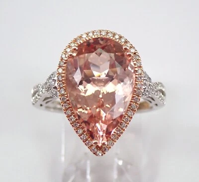 14K Rose and White Gold Pear Morganite and Diamond Halo Engagement Ring Size 7 - Image 1 of 4