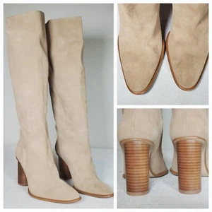 ZARA Heeled Suede Knee High Boots Biege 1002/810/102 Cylindrical Women's US 7.5 - Picture 1 of 16