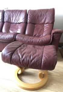 Ekornes Stressless Dark Red Leather & Wood Footstool