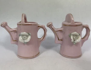 Miniature Porcelain Watering Can Pink White Flowers Victorian Scene Figurine - Picture 1 of 6