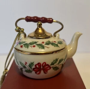 Lenox Holiday Holly Weihnachten TEEKESSEL ORNAMENT 24K Goldrand - Bild 1 von 7