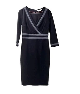 Boden 6 Black Grey Stripe Crossover Stretch Ponte Work Midi Dress 6p petite - Picture 1 of 4