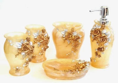 5 PC Set Oro + Argento Rosa Fiore Resina Sapone Dispenser + Dish +Tumbler - Immagine 1 di 4