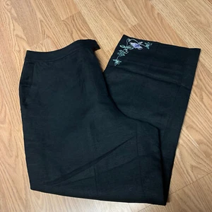 David N Womens Pants Sz 10 Black Wide Leg Floral Embroidered Hem Linen VINTAGE - Picture 1 of 13