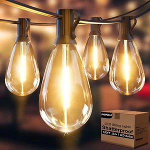 PHOPOLLO 100ft LED Outdoor String Lights, E12 S14 Vintage Edison Bulbs - Picture 1 of 15