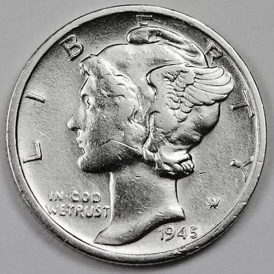 1945-s Mercury Head Dime.  Error.  Micro "s" Mint Mark. High Grade. (Inventory) - Image 1 of 2