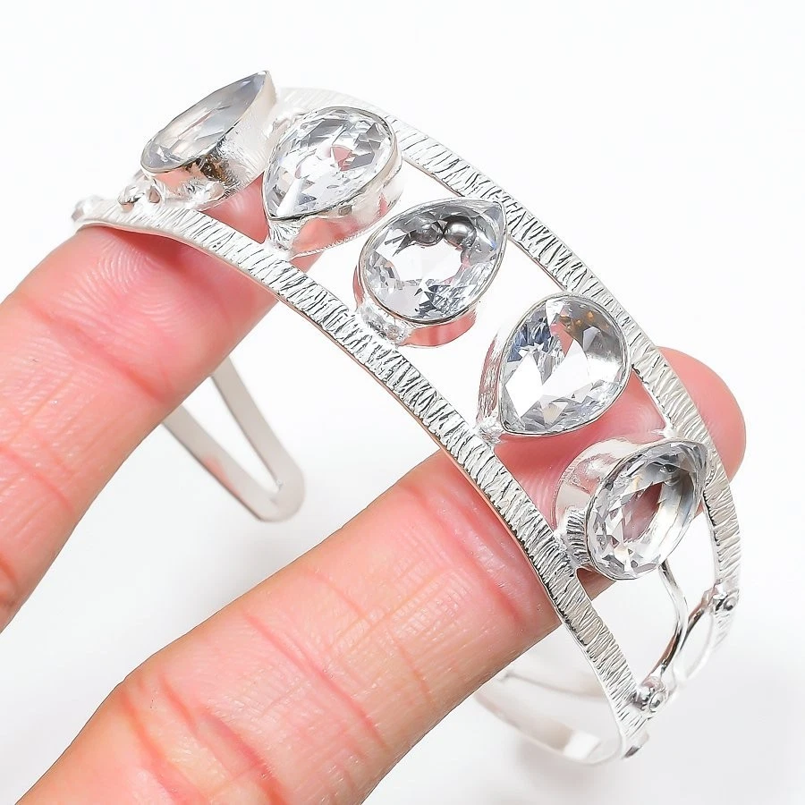 Bracelete ajustável de prata esterlina 925 pedra preciosa topázio branco - Imagem 1 de 1