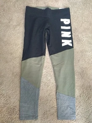 Victoria's Secret 粉色棉平底瑜伽打底裤黑色绿色灰色标志 2017 罕见 — 第 1/4 张图片