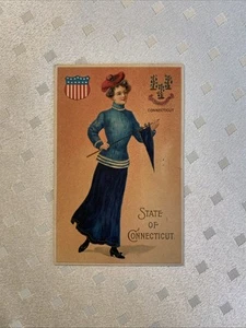 Fancy Victorian LADY Yale BLUE Colors STATE of CONNECTICUT Antique 1909 Postcard - Picture 1 of 4