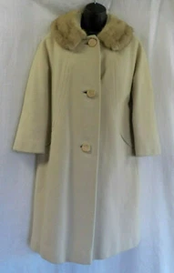Gimbels Mid Century Coat Size L ? Beige Wool Fur Collar Button Front Knee Length - Picture 1 of 12